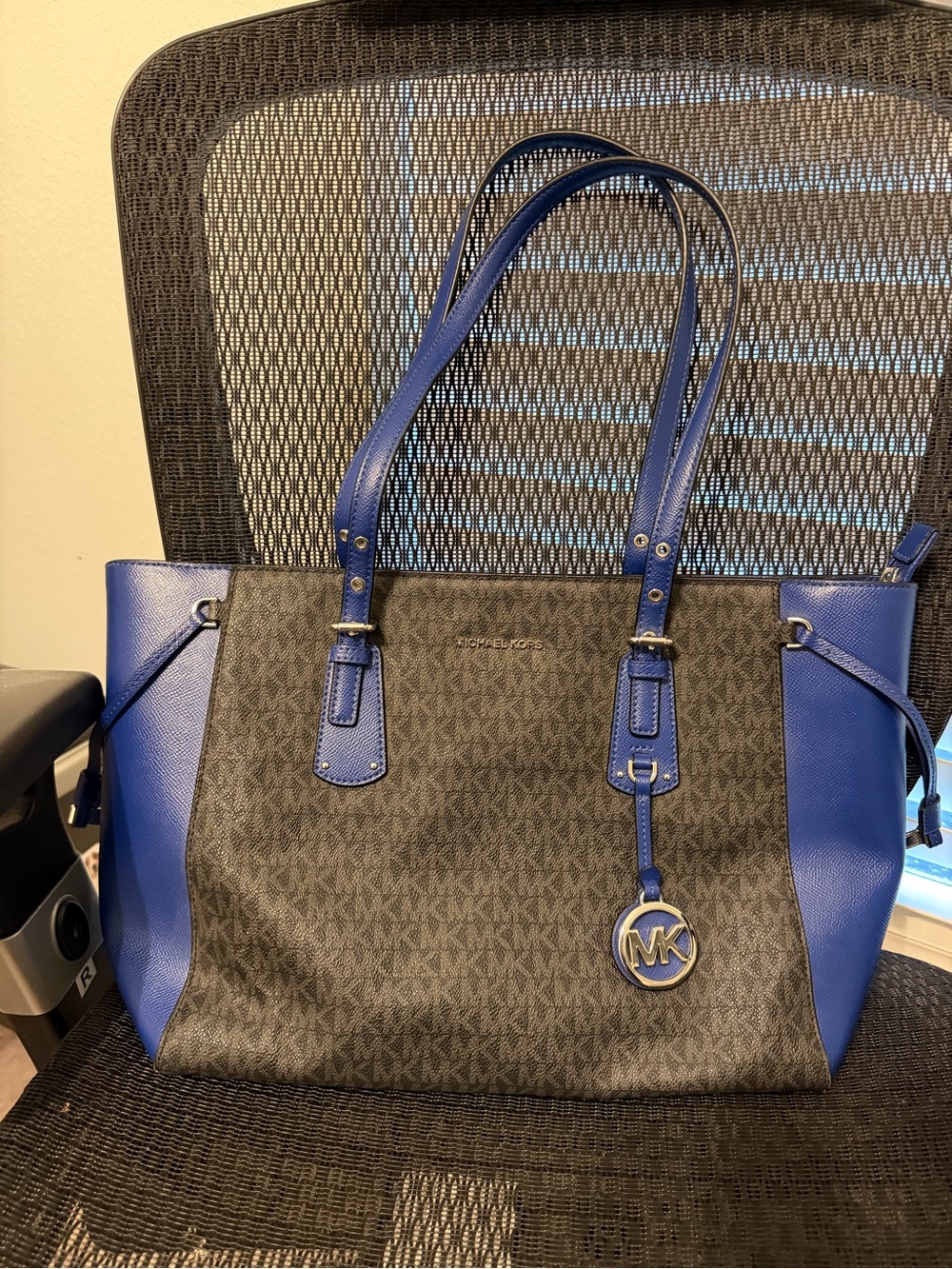 Michael Kors Blue and Brown Signature Tote with MK Charm